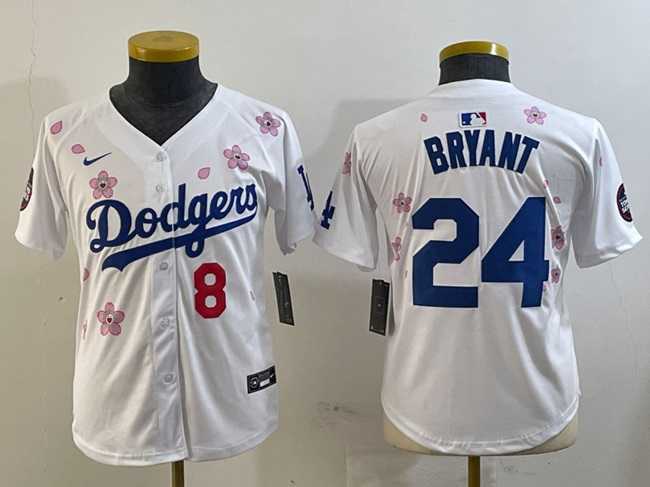 Youth Los Angeles Dodgers Front #8 Back #24 Kobe Bryant White 2025 Tokyo Series Limited Stitched Jersey